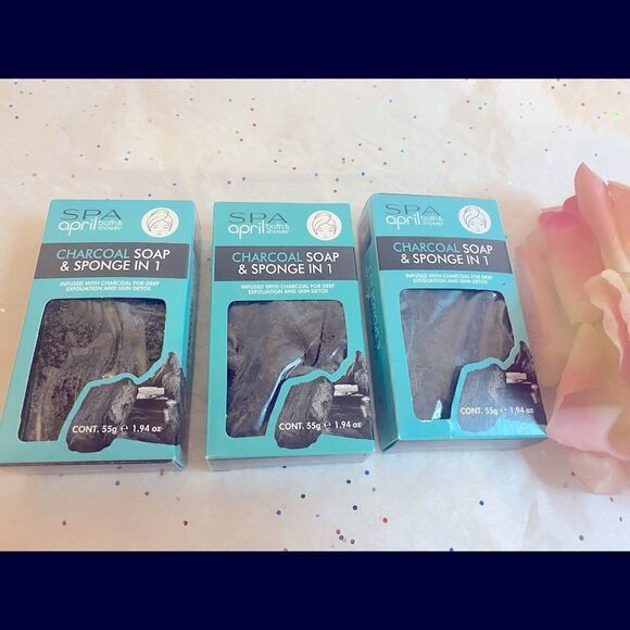 🛍3 Spa April Bath & Shower Charcoal Soap & sponge - Picture 1 of 8